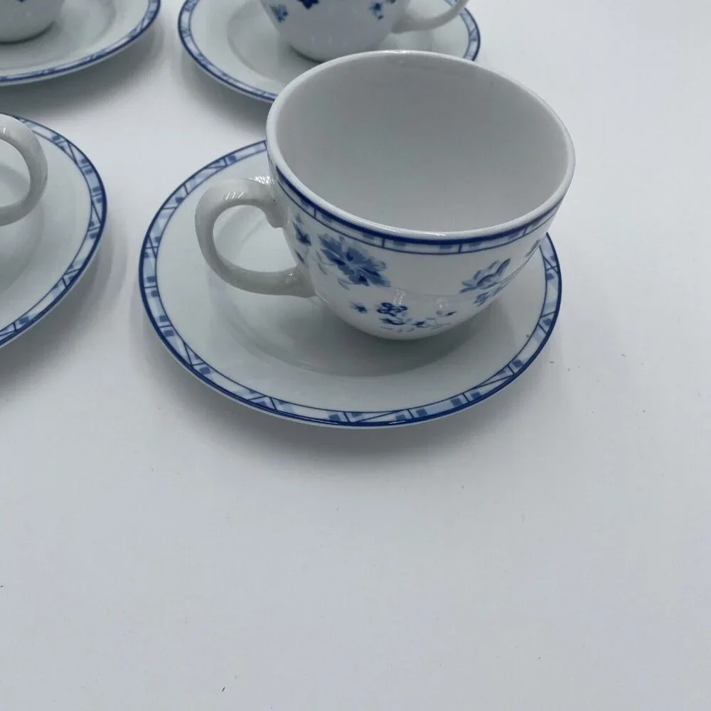 Laura Ahsley Cup Suacer Cereamic Set 4 Dishes Blue White Floral Cottage